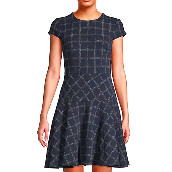 NEW! Eliza J Windowpane Cotton Blend Fit-& Flare Navy blue Dress, size 6 - Picture 1 of 14